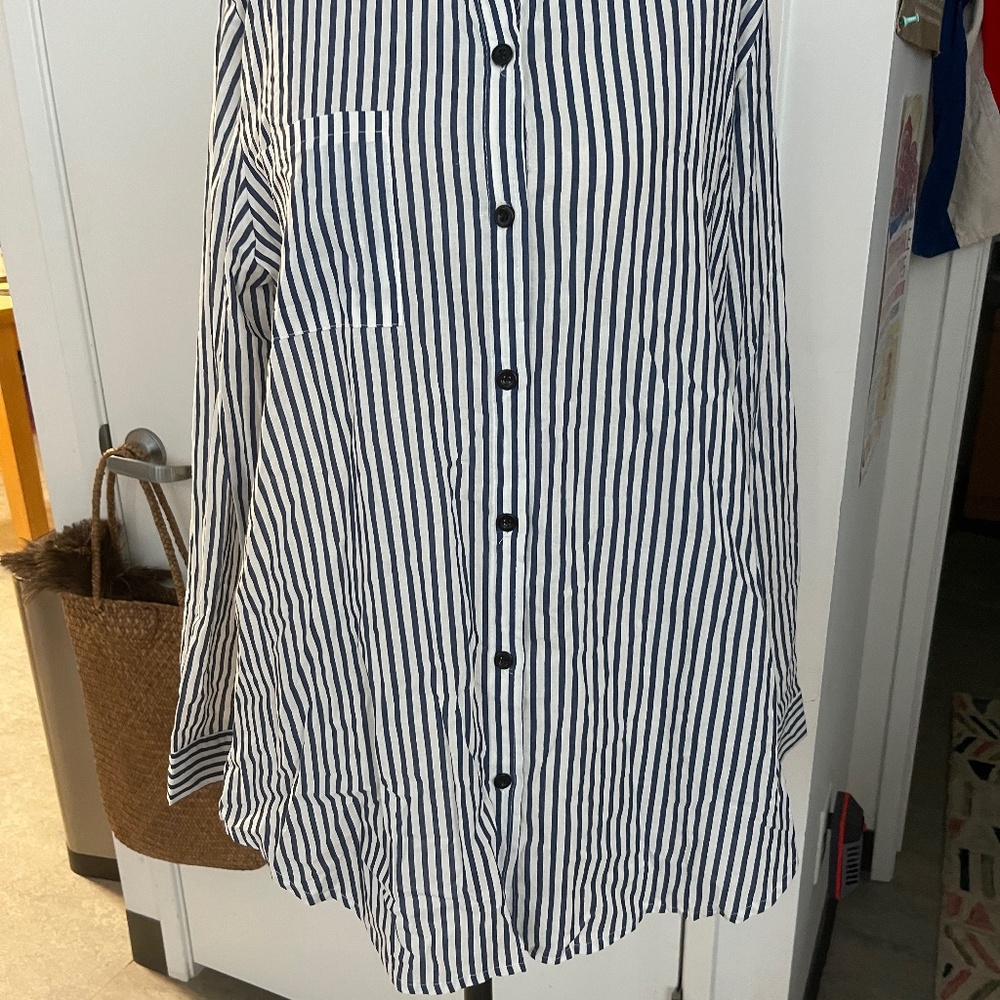 Button Down Women Shirt Navy Blue and White